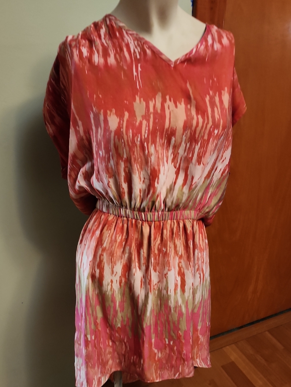 Express Coral and Gold Abstract Print Dress